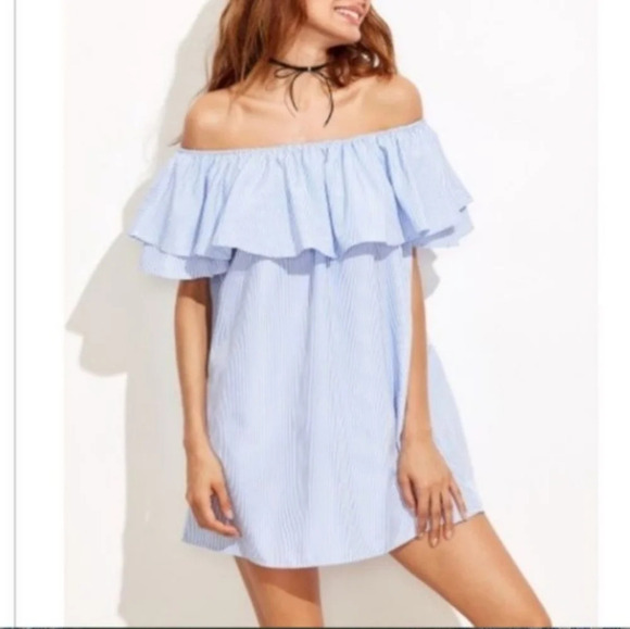 Zara women's off the shoulder striped mini dress sz.M with  two pockets - Picture 1 of 11